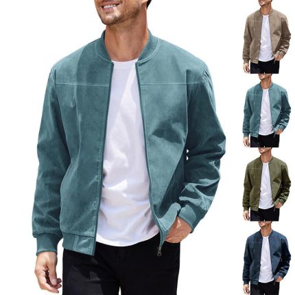 Men's Retro Cardigan Jacket Casual Long Sleeve Zipper Jacket Suede Solid Color Front