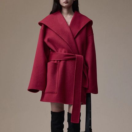 Short Woolen Coat Custom Big Turn Down Collar Double Faced Wool Coats Women with Belted